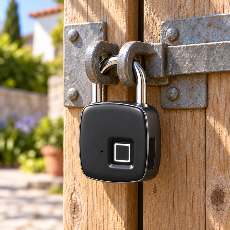 Cadeado inteligente com impressão digital pendurado numa cancela de madeira