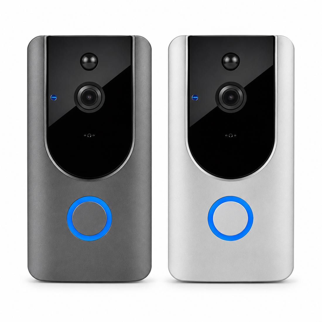Campainha de vídeo Wi-Fi com câmara nas duas cores, cinzento e prateado, lado a lado