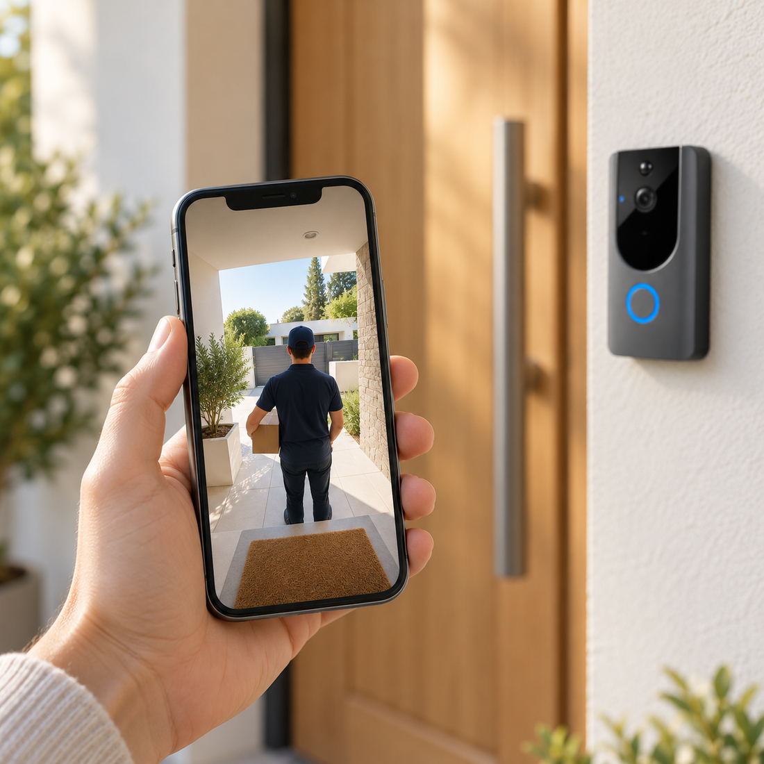 Visita à porta vista no telemóvel através da campainha de vídeo Wi-Fi