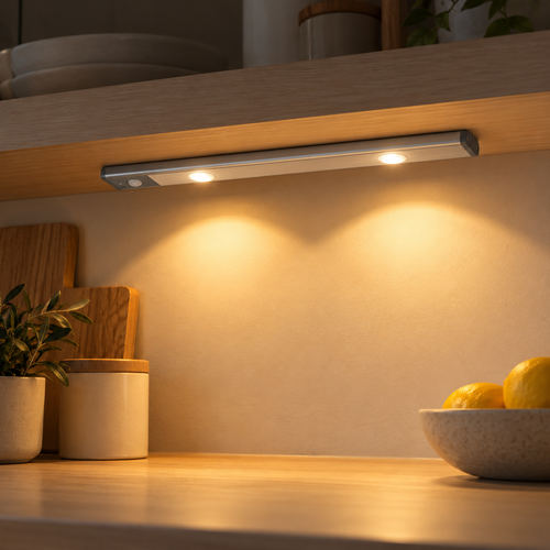 Barra de luz LED com sensor de movimento acesa por baixo de um armário de cozinha