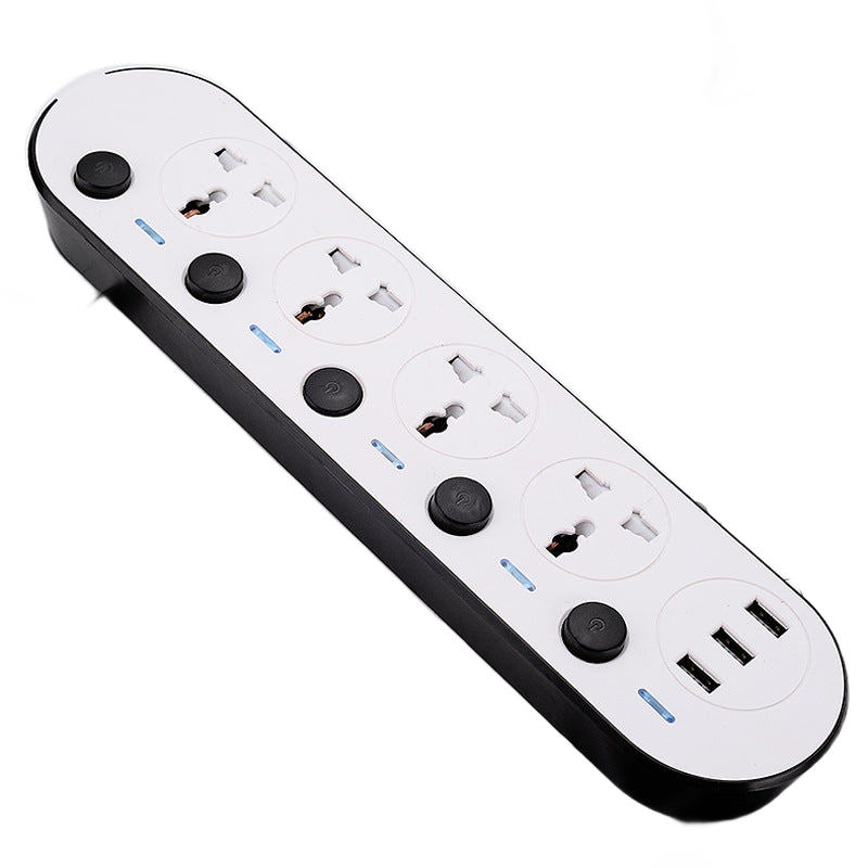 Extensão elétrica Schuko com portas USB e interruptores individuais, em fundo branco